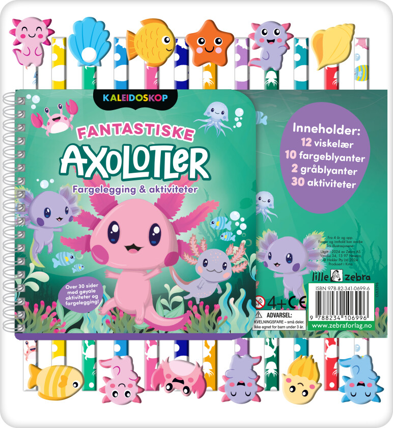 Fargeblyanter 12 m/viskelær Axolotl bok