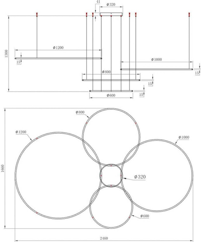 LED-hengelampe Saturno, 4 lyskilder, gullfarget, metall, 4.000 K