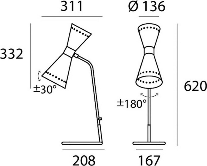 bordlampe Megafono, elfenbensfarget, 62 cm, metall