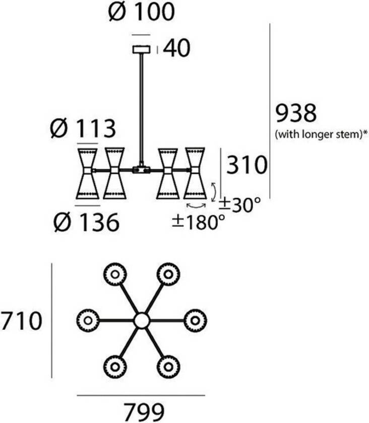 pendellampe Megafono, lengde 80 cm, svart, 12 lyskilder.