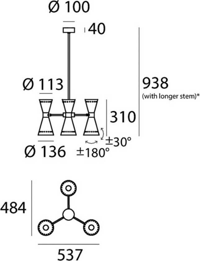 pendellampe Megafono, elfenbenfarget, 54 cm, 6 lyskilder