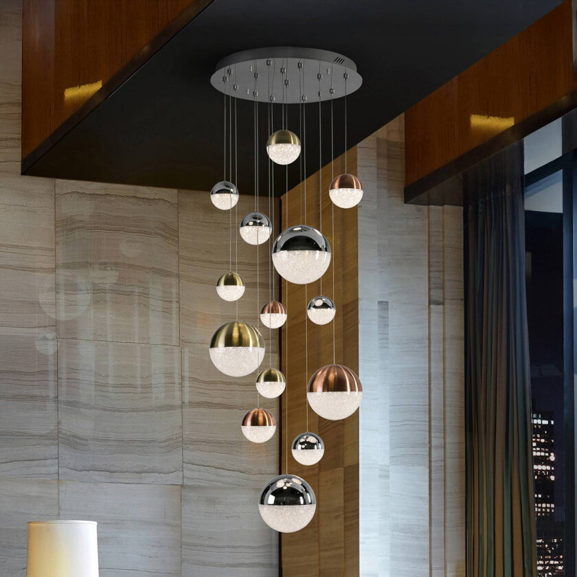 LED-hengelampe Sphere, 14-lys, dimbar, Ø 60 cm, multifarget