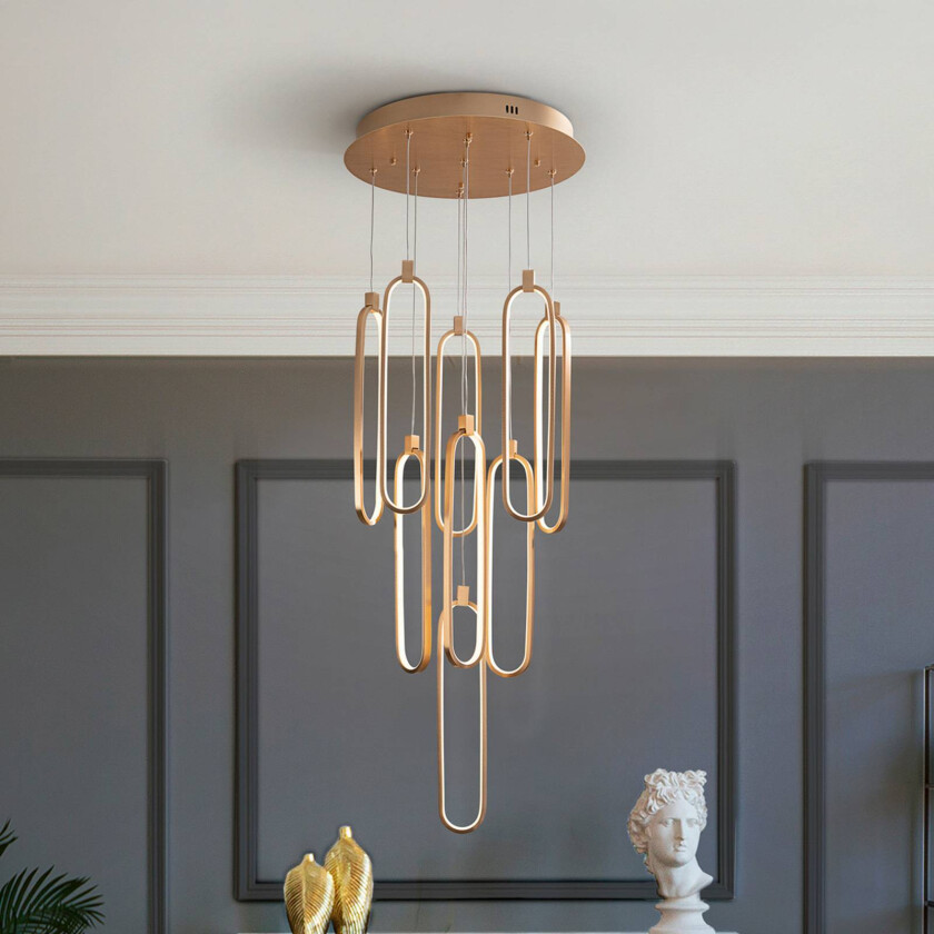 LED-hengelampe Colette, 9 lyskilder, rund, rosa gull