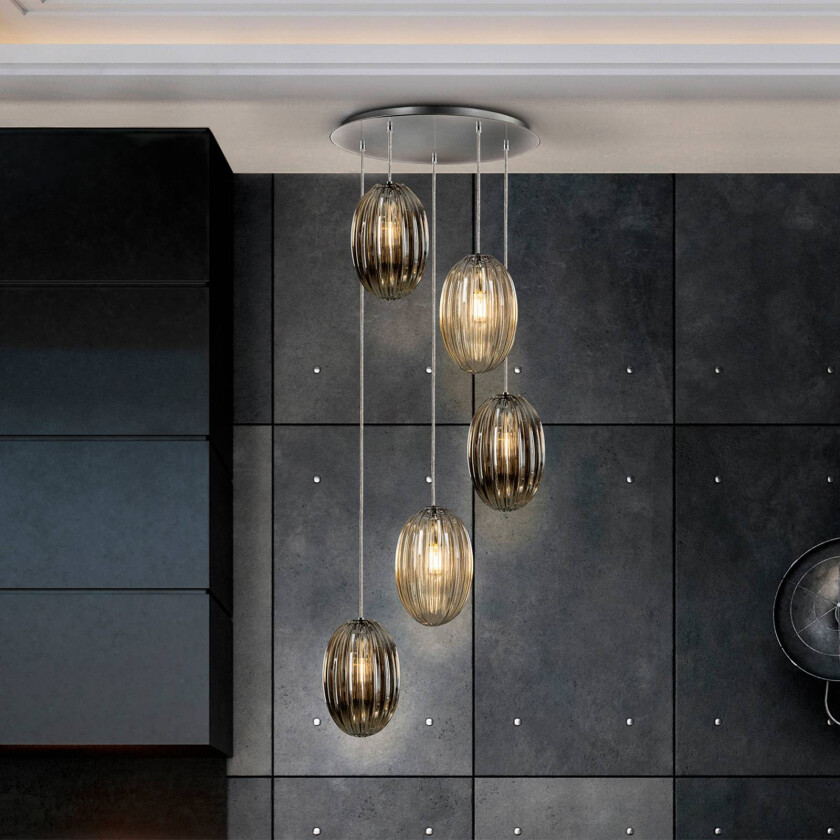 Ovila hengelampe, 5 lyskilder, røykgrå/cognac, metall, glass