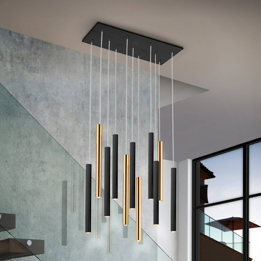 LED-hengelampe Varas dimbar, 11 lyskilder, gull/svart, metall