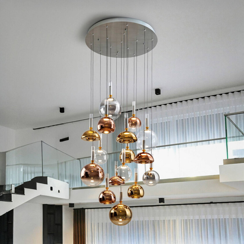 Charlize 16-lys LED-hengelampe, dimbar, firefarget glass