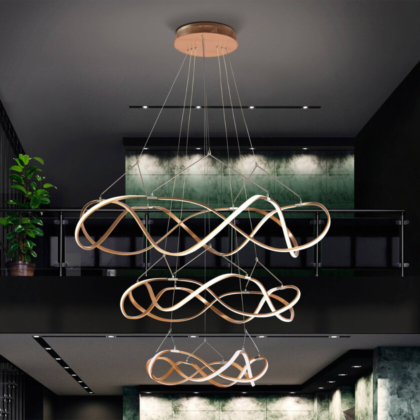 LED-hengelampe Molly, 3-trinns, dimbar, Ø 110,3 cm, rosa gull