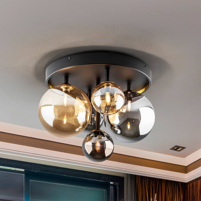 DARK taklampe, 5 lyskilder, glass, svart, rav, røyk