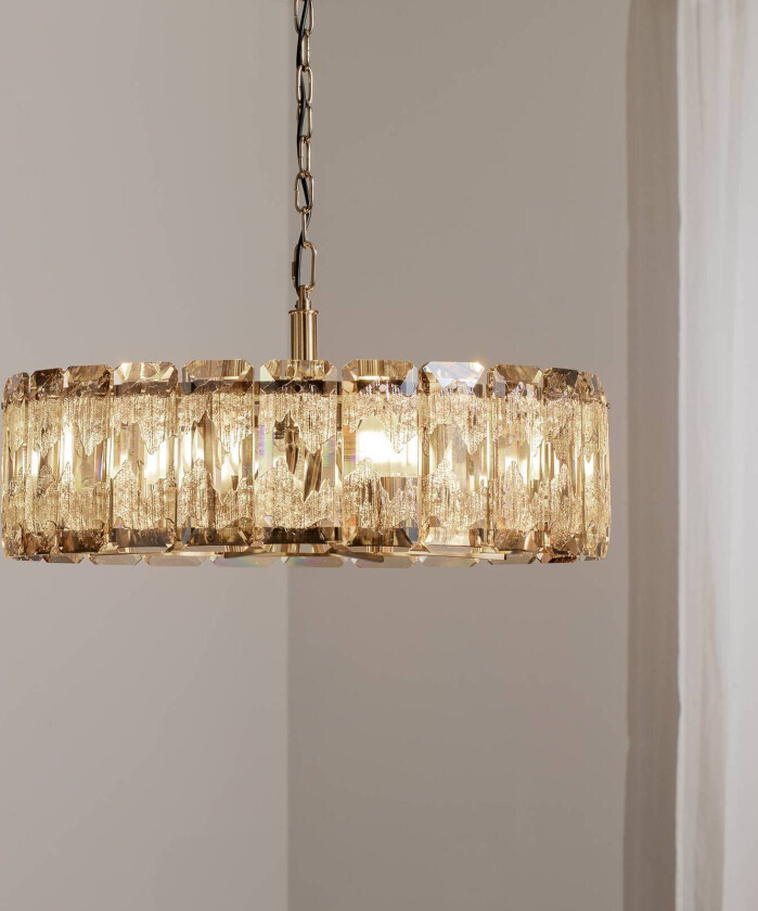 Hengelampe Orvin, antikk messing, Ø 67 cm, glass/metall, 8 lyskilder.