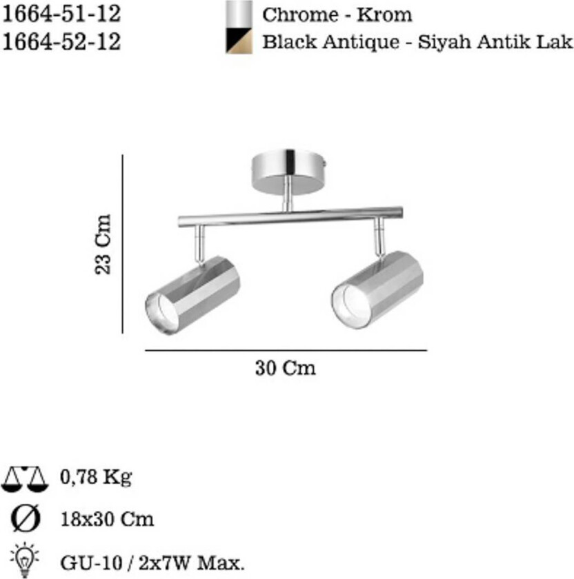 Oktano downlight, kromfarget Lengde 30 cm 2 lyskilder i metall