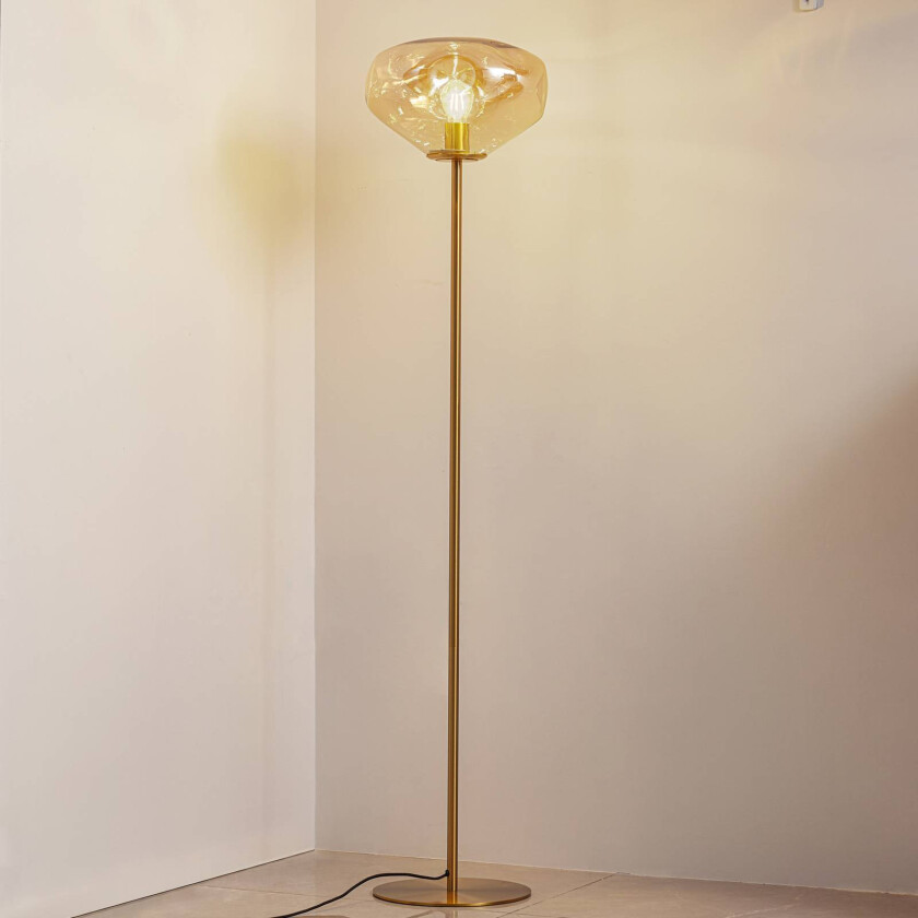 Lindby gulvlampe Lelia, ravfarget, glass, metall, 150 cm