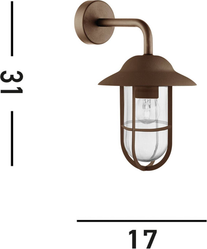 Utendørs vegglampe Toronto, rustbrun, IP44, stål, glass, E27