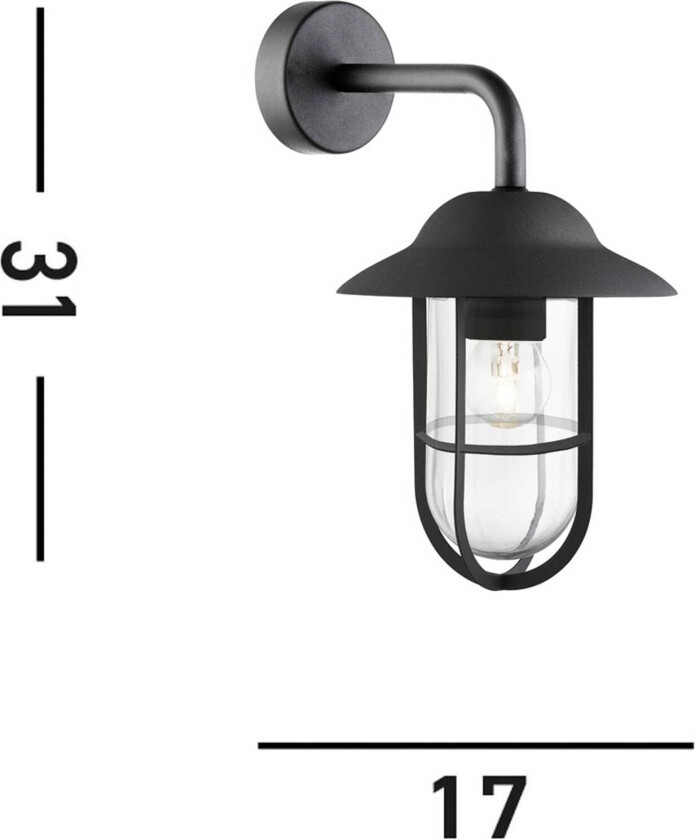 Utendørs vegglampe Toronto, svart IP44, stål, glass, E27