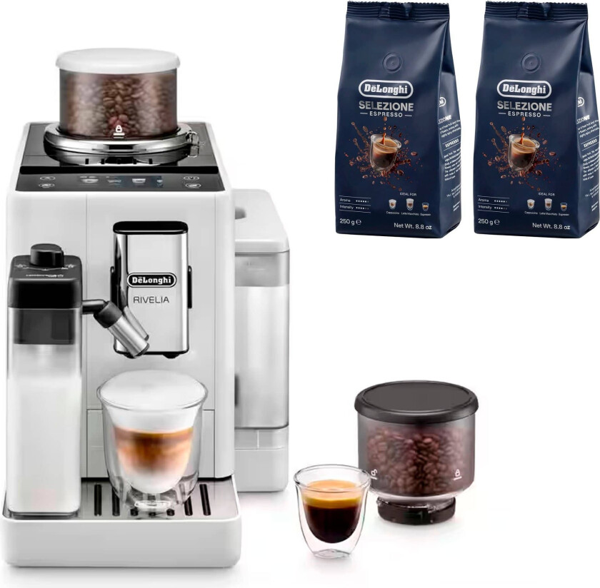Rivelia helautomatisk kaffemaskin, hvit & 2 poser kaffebønner DLSC600