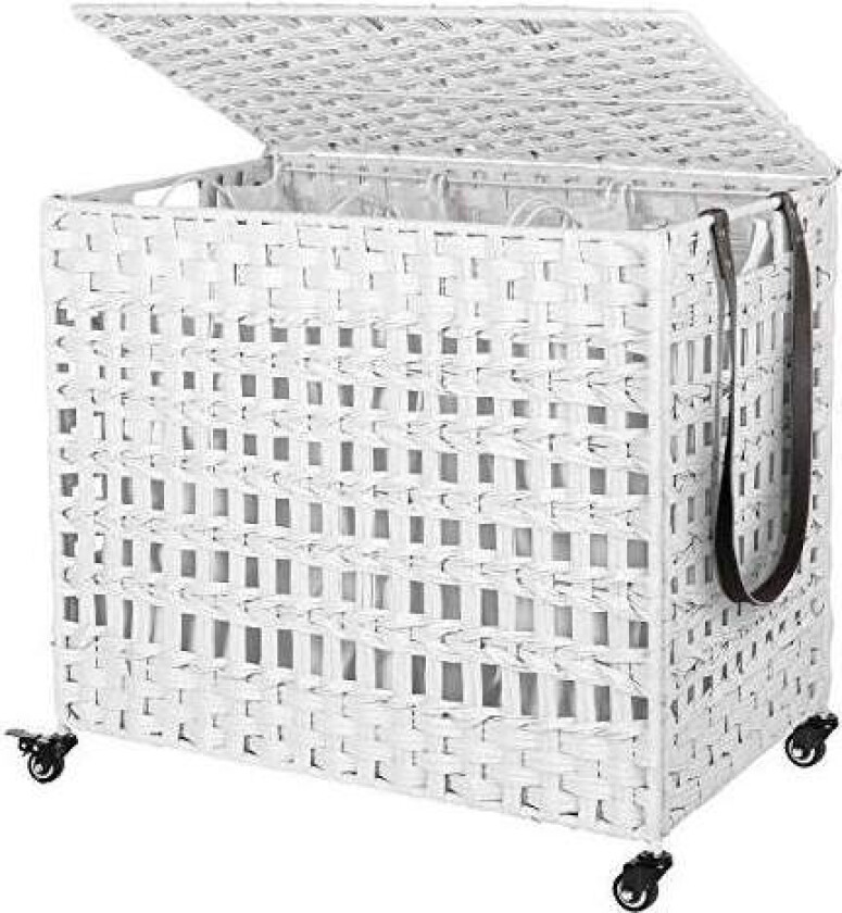 Hvit håndvevd skittentøyskurv i rottingstil med lokk