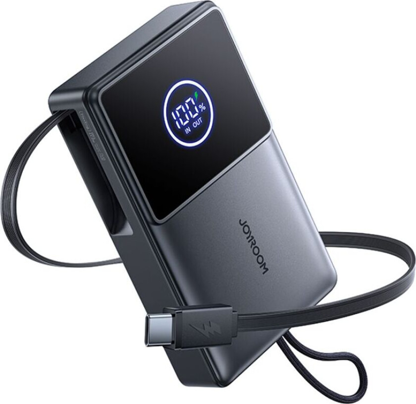 22,5 W powerbank 10000 mAh hurtiglading med innebygd uttrekkbar kabel
