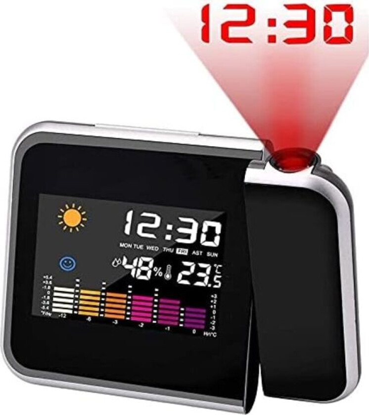 Takalarmklokke med projektor, digital alarmklokke, LED-vekkerklokke med LCD-tidsstasjon, svart