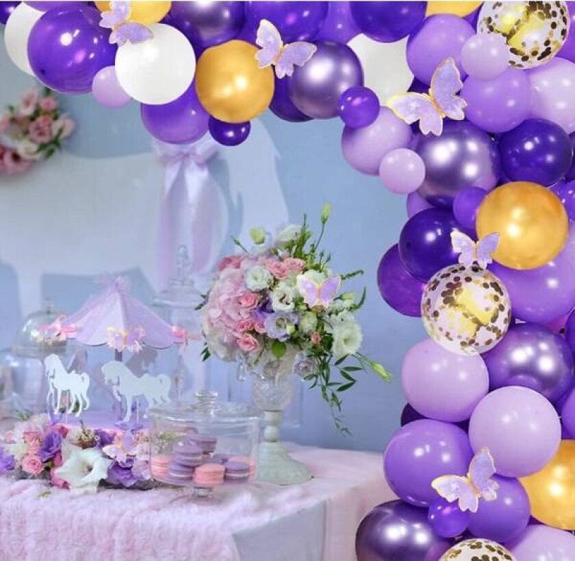 144 stk lilla sommerfugl babyjente ballongbue sett tema lilla metallisk gull konfettiballonger babyshower bursdagsfestdekorasjoner