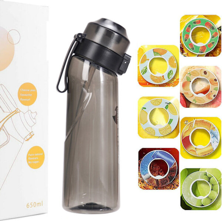 Smakstilsatt vannflaske med 7 pods Air Water Up Flaske Frostet Svart 650 ml Air Startup Sett Vannkopp for camping sport Svart