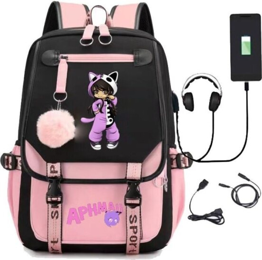 Aphmau ryggsekk barn ryggsekker ryggsekk med USB-uttak 1 stk rosa
