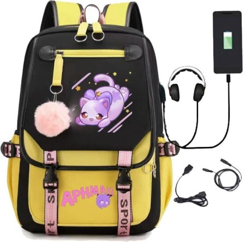 Aphmau ryggsekk barn ryggsekker ryggsekk med USB-uttak 1 stk gul 3