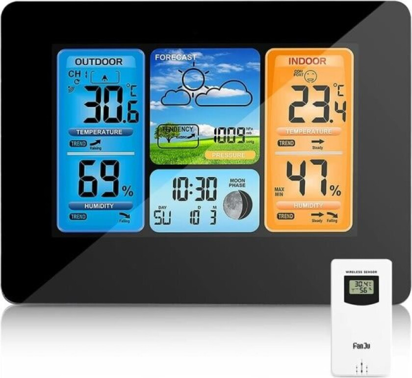Trådløs værstasjon, temperaturbarometer Digital innendørs temperaturbarometer for utendørs bruk med utendørs vekkerklokke med barometertrykk (svart)