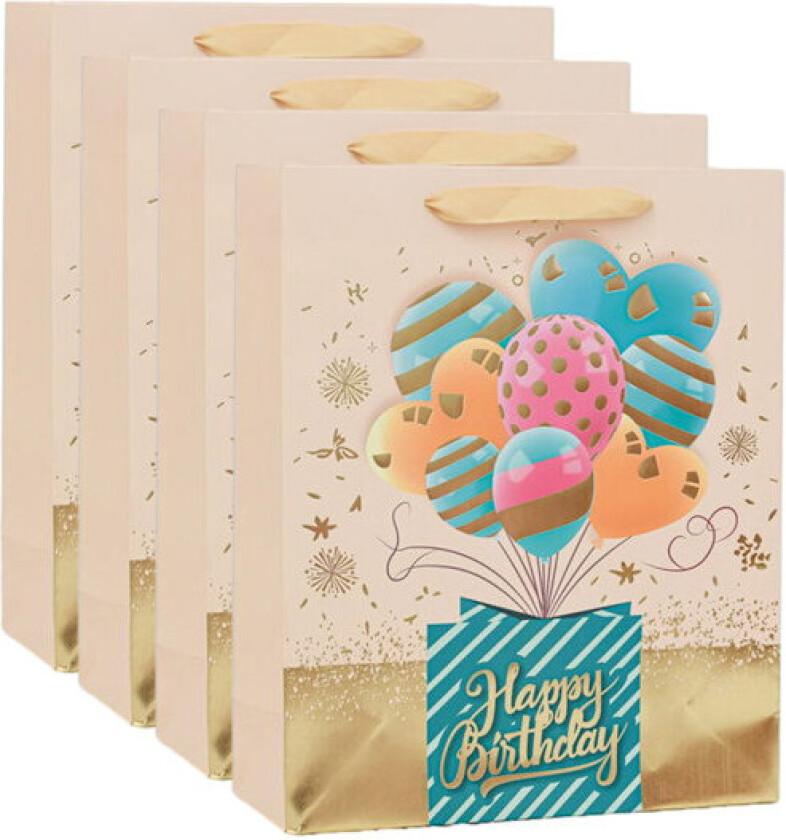 4 stk. Gullfarget gavepose med bursdagsballongmønster - Gavepose for barn - Håndveske for barn