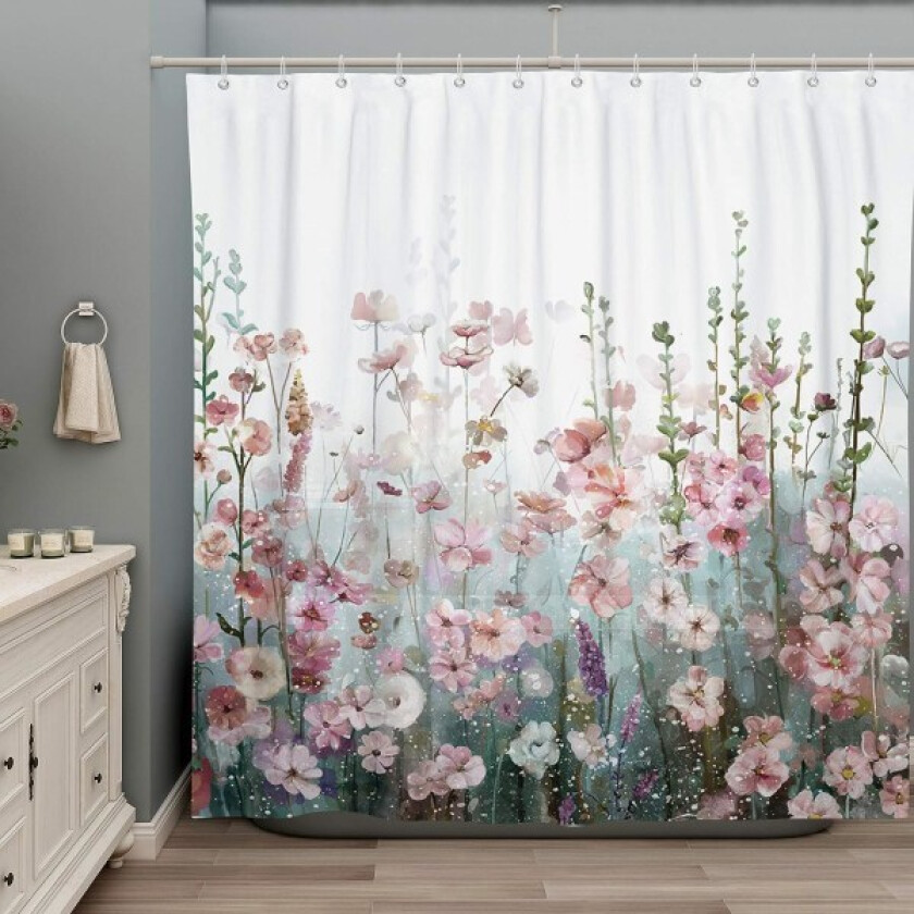 Fargerik blomster dusjforheng baderom rosa floral romantisk vill