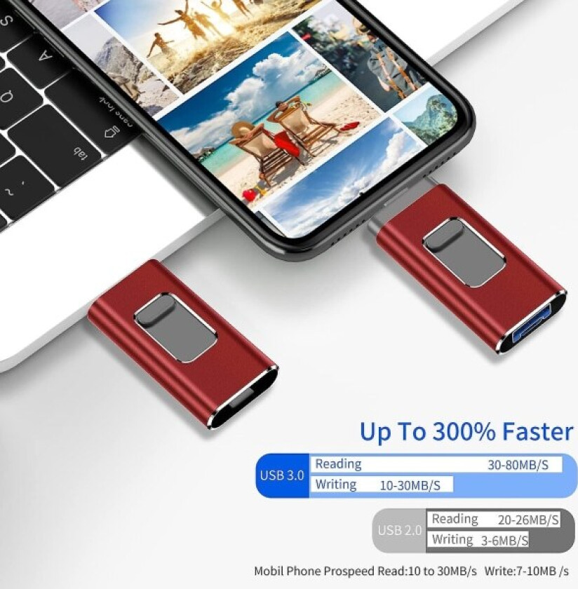 USB-minnepinne for iPhone/datamaskin 64 GB minnepinne (64 GB, rød) kan lagre filer og bilder