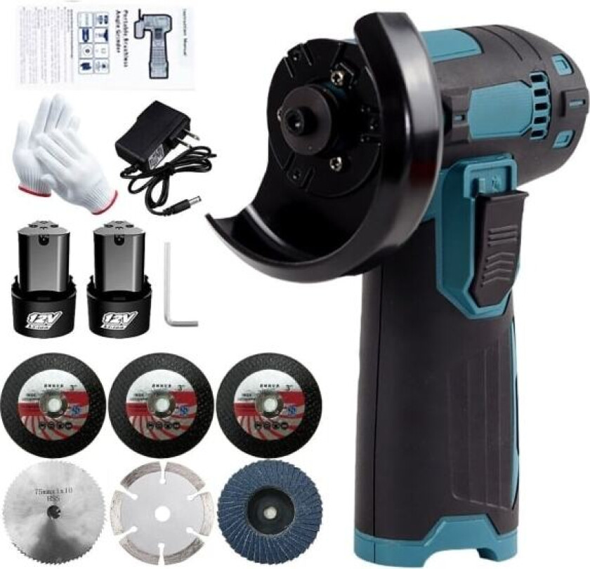 12V batteri vinkelsliper avskjæringssliper 2x batterier BL MOTOR slipemaskin Flex 3-tommers skiver 1 stk 3-tommers skiver 1 stk