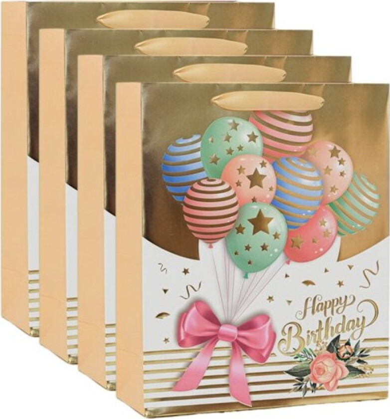 4 stk. Gullfarget gavepose med bursdagsballongmønster - Gavepose for barn - Håndveske for barn