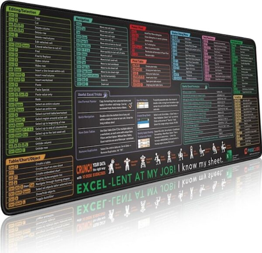 Excel-hurtigtaster musematte - Utvidet stor XL jukselapp spillmusematte | PC-kontor regneark tastaturmatte | Sklisikker sydd kant