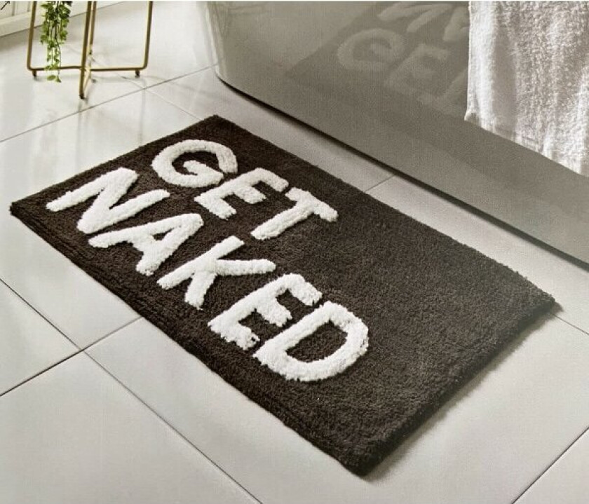 GET NAKED Svart og hvitt badematteunderlag vannabsorberende baderomsmatte med pop-up Get Naked-bokstaver supermyk og sklisikker (svart)