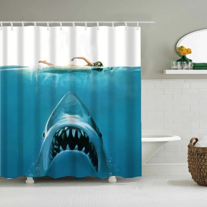 Dusjforheng hai (180 x 180 cm), morsomt dusjforhengsett med havtema med 12 kroker, kule vanntette og muggsikre baderomsgardiner