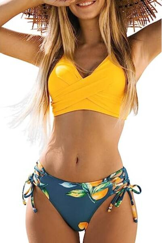 Ruched Twist Bikini Sett for Kvinner Blomsterprint Snørebikini Sett 2 Deler Badetøy,L
