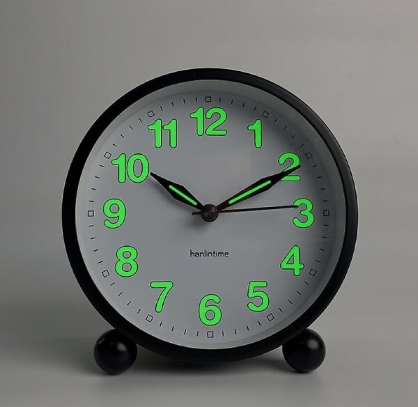 Stille vekkerklokke - Tikkeløs analog vekkerklokke med varmt lys - minimalistisk rund svart