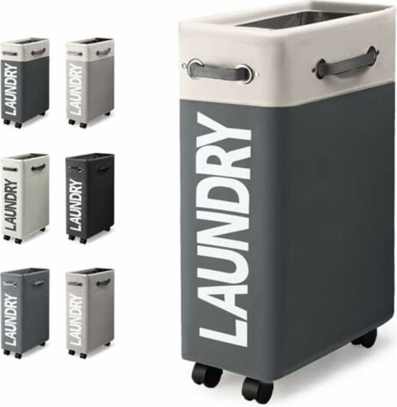 45L Slim Sammenleggbar Kleskurv med 4 Hjul, Smal Sammenleggbar Klesvaskkurv Rektangulær Klesvaskbeholder for Oppbevaring av Klær Hjemme (Hvit + Mørk Grå)/NC/