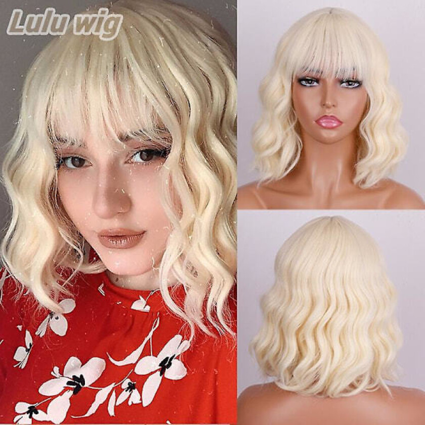 Kort Ombre Blonde Parykker Bølget Bob Parykk Med Luft Lugg Kvinners Syntetiske Krøllete Pastell Bob Parykk For Jente Fargerike Cosplay Parykker(12inches,613)