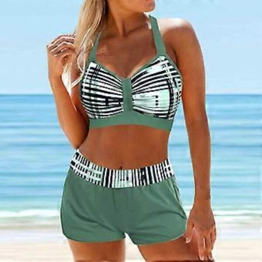 Høykvalitets ny badedrakt bikini 2-delt for kvinner ryggløs halter strandklær blå brodert bølgemønster badedrakter (2XL grønn)