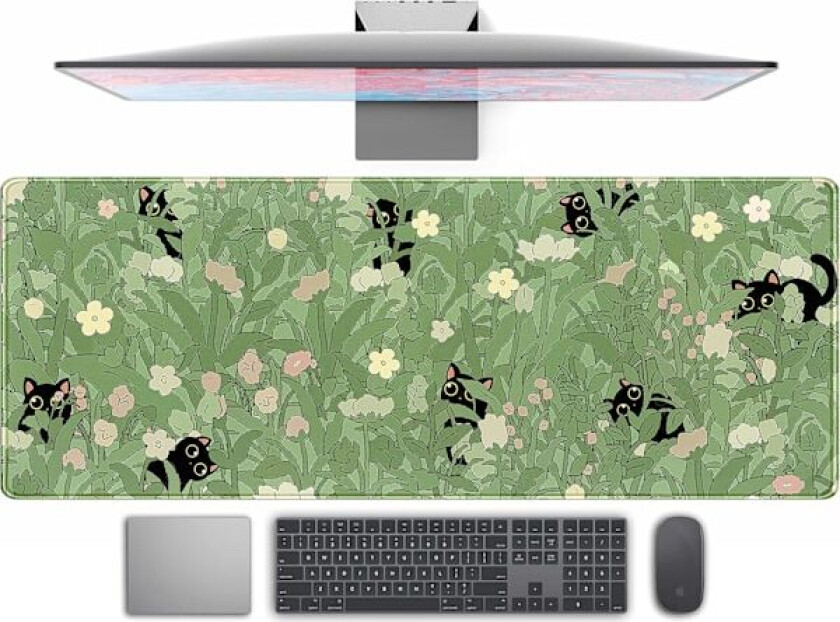 Søtt Grønne Blader Rosa Blomster Musematte Skrivebordsmatte Kawaii Anime Katt Skrivebordsbeskytter Dekor Skrivebordsunderlag 80x30 cm