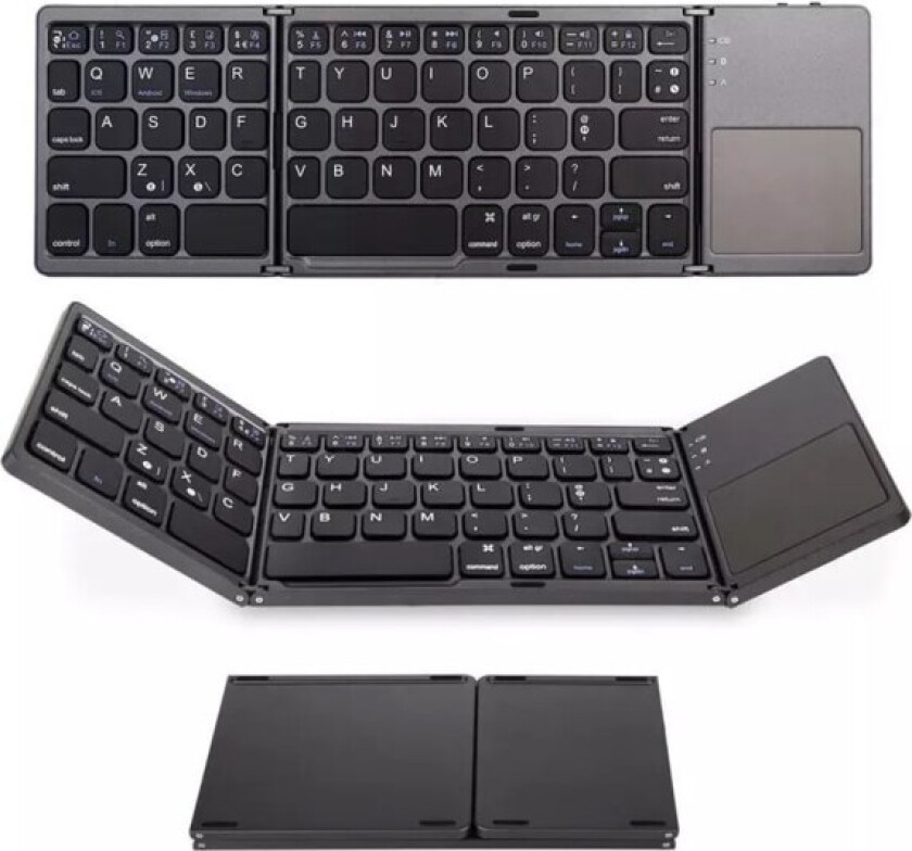 Tri-Fold Bluetooth-tastatur, Bluetooth Bærbar Mini Trådløst Tastatur med Touchpad Mus - Svart