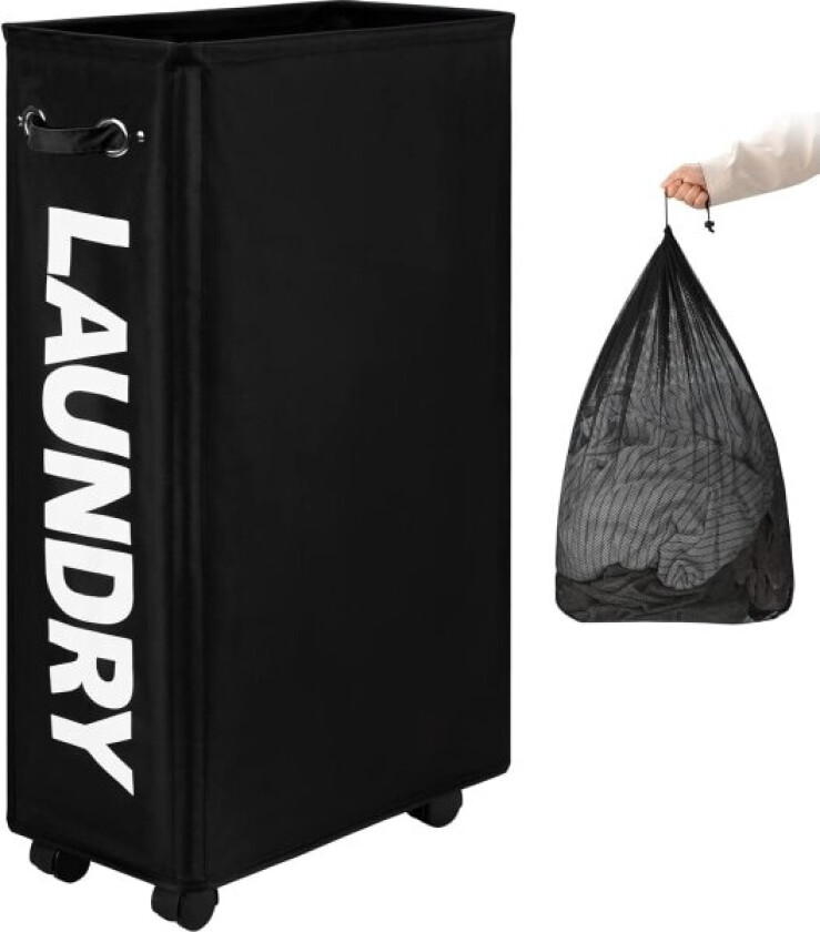 Utvidet slank klesvaskurv med avtagbar vaskepose på hjul, sammenleggbar rullende klesvaskurv, sammenleggbare smale hjørneklær oppbevaringsbeholdere