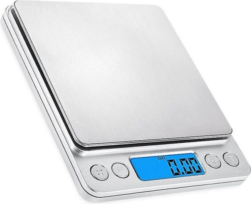 Presisjonsvekt 0,01 g, 500 g/0,01 g kjøkkenvekt, smykkeskalaer med tare- og tellefunksjon, lommevekt med bakgrunnsbelyst LCD-skjerm (rustfritt stål og