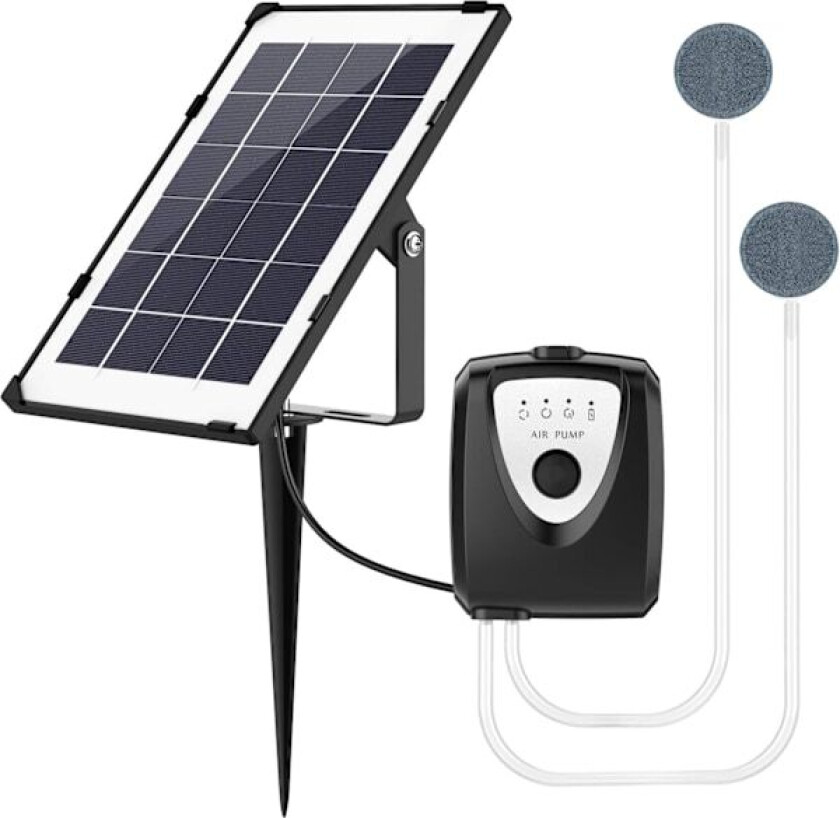 Solar Luftpumpe, Akvariumlufter, Damlufter med Akvarium Oksygenslange og Luftstein (Svart)