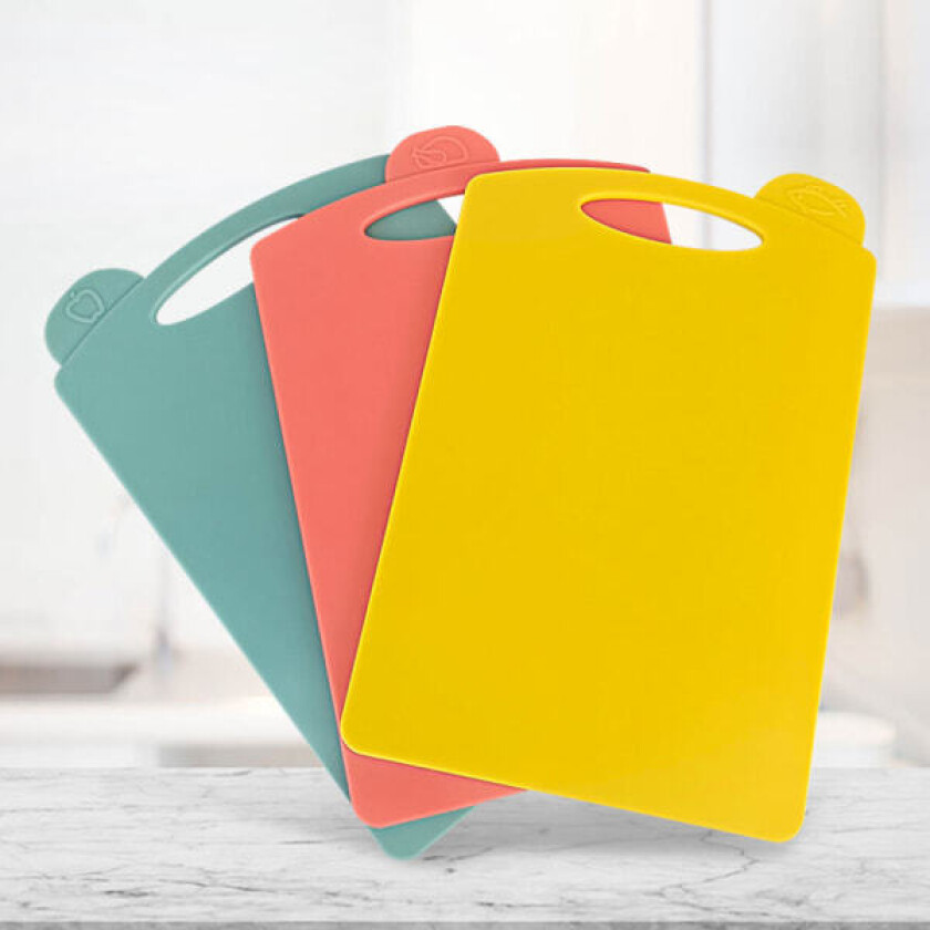 Sett med 3 stk BPA-frie skjærebrett i plast, antimikrobielle, varmebestandige og giftfrie (3 farger)