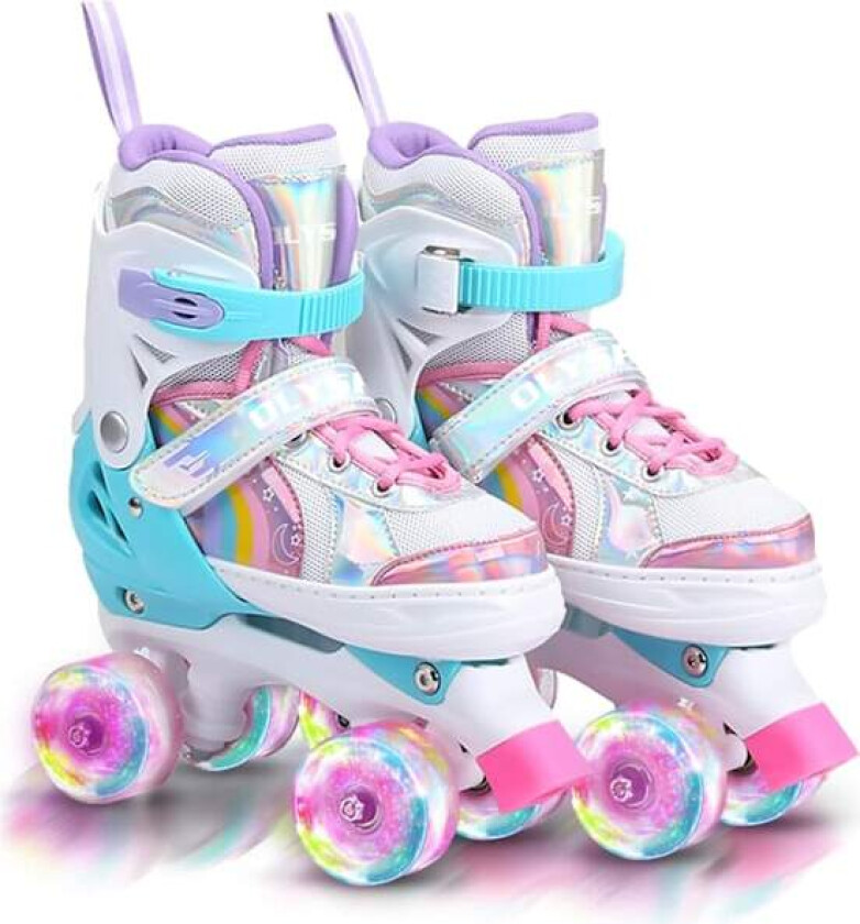 Rulleskøyter barn Rullestøvler, 8 lysende hjul og 4 justerbare størrelser, Quad-skøyter med oppbevaringspose, Dobbelrads rulleskøyter rosa