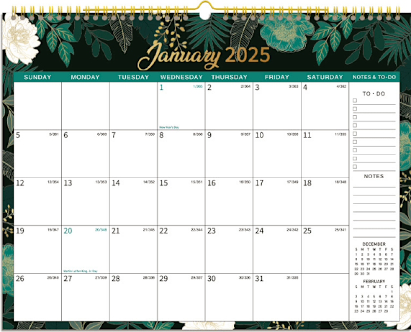 Kalender 2025, fra januar - desember, store linjerte ruter perfekt for planlegging og organisering for hjem eller kontor, 37,6 x 29 cm