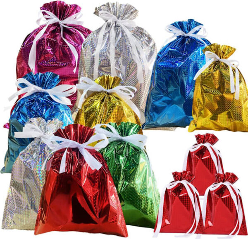 12-pakning Gavepose i ensfarget folie, multipakke med gaveposer med snøring, 6 farger skinnende innpakningsposer, gjenbrukbar jumbo julepose