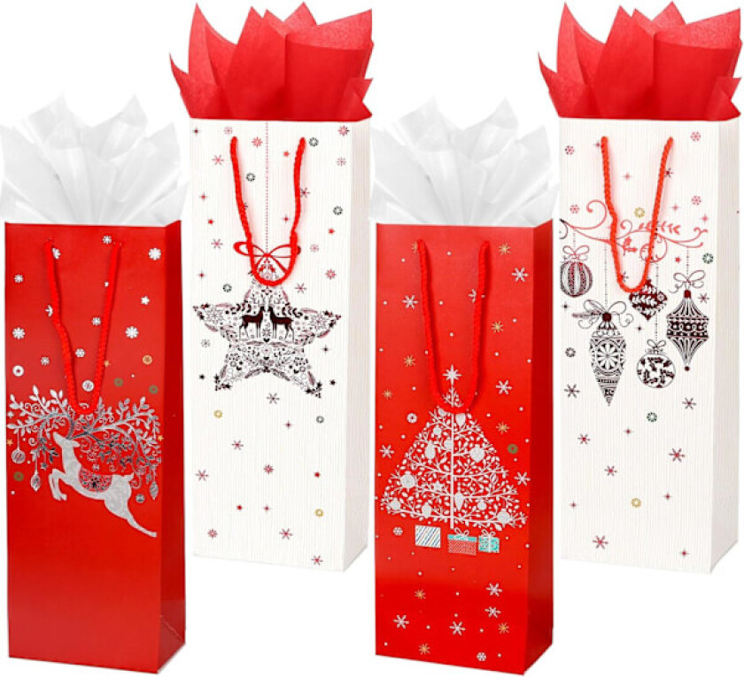 12-pakning Julvinpose Gavepose for Vinflaske med Silkepapir for Jul Vinter Feriefesttilbehør (Rød og Hvit)