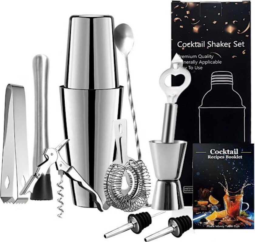 10-delt cocktailsett, barsett, shaker 700ml - Rustfritt stål Sølv
